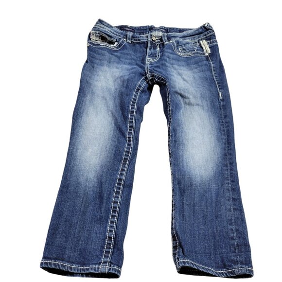 Vigoss Jeans Womens 29 Chelsea Capri Dark Wash Embellished Denim Embroidered - Picture 1 of 8